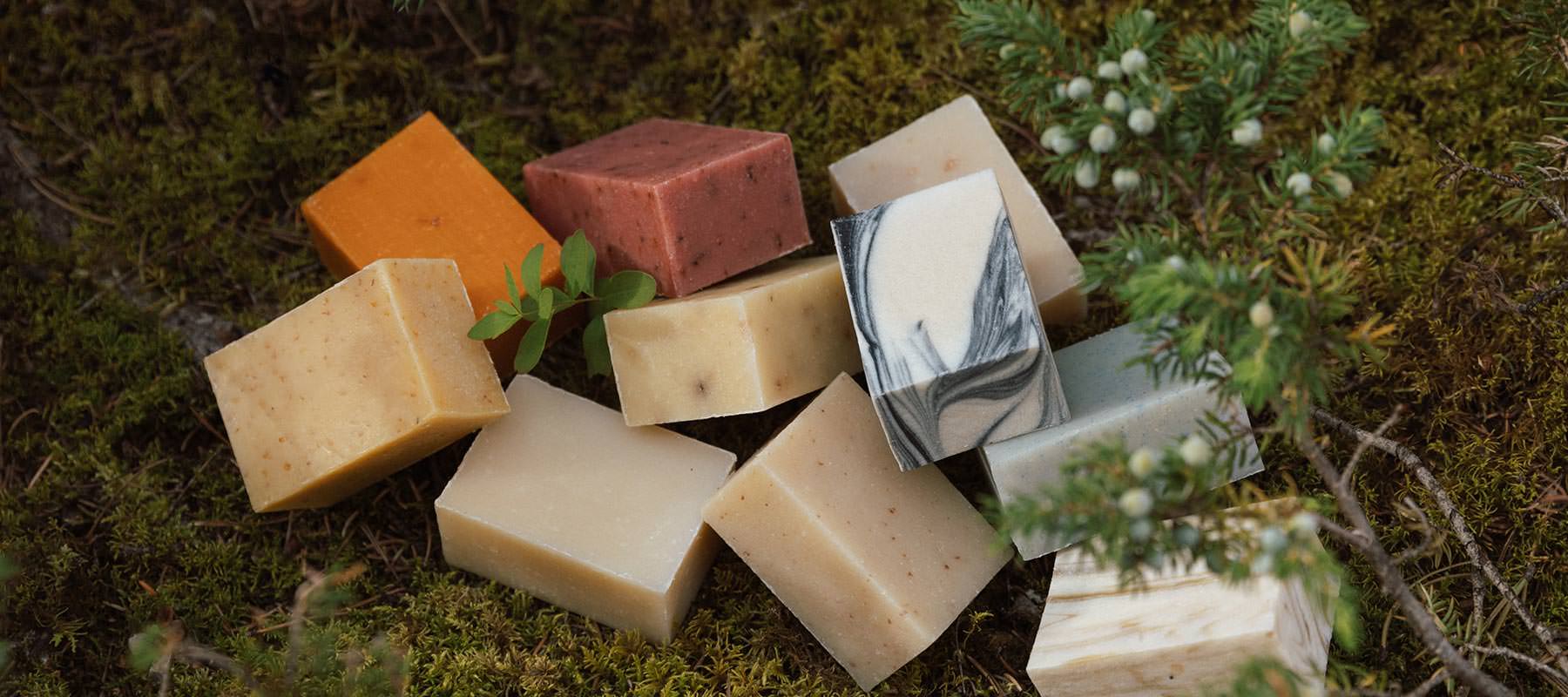 A collection of soap bars sitting in moss.
