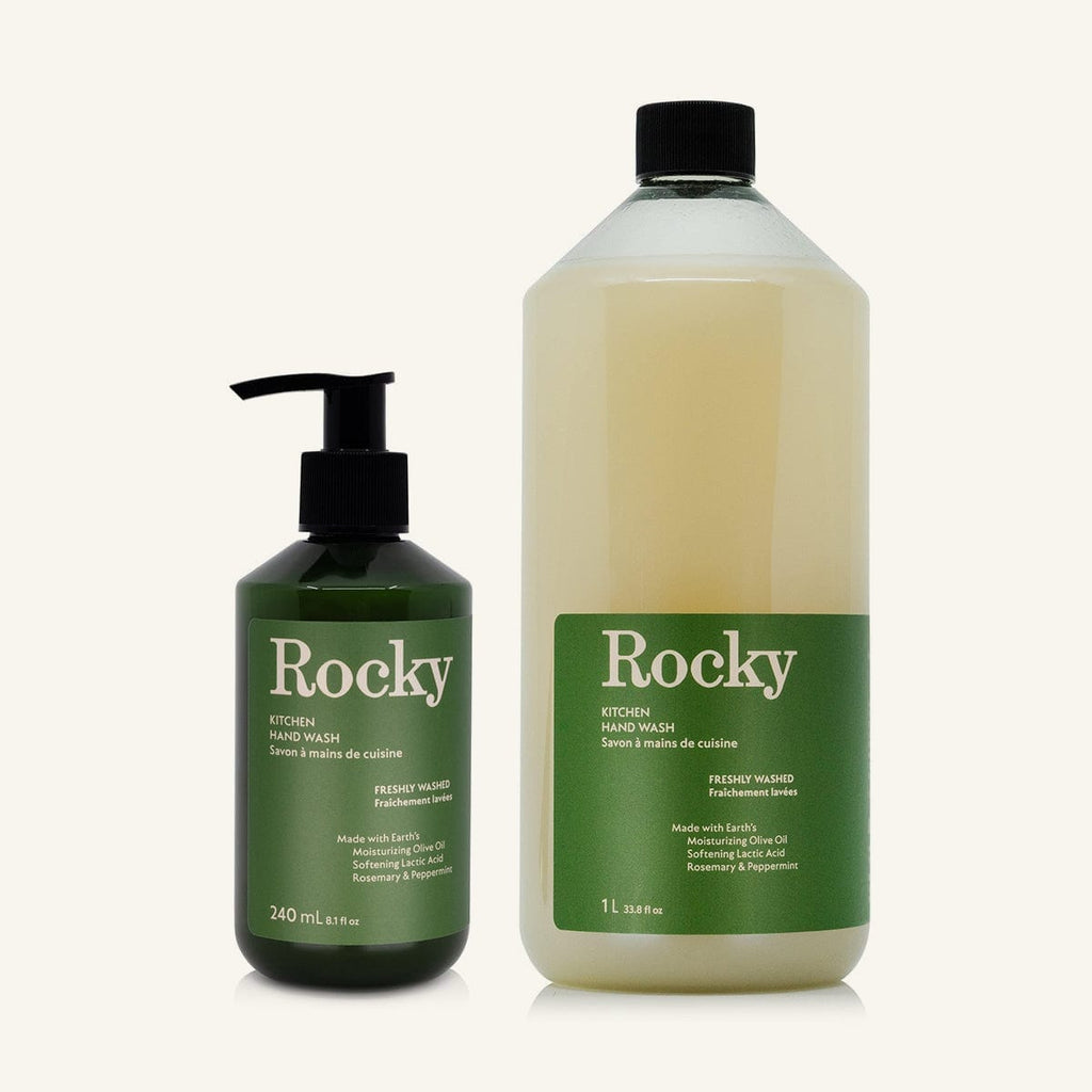 Two bottles of Rocky Kitchen Hand Wash, one in a dark green pump bottle and one in a clear plastic bottle with a black cap, both featuring green labels, on a light cream background.