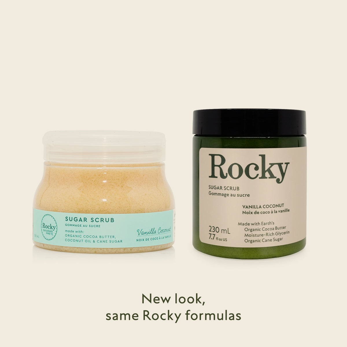 Two jars of Vanilla Coconut Sugar Scrub by Rocky Mountain Soap Company, one in a clear container with a light blue label and the other in a green container with a cream label, with text reading, New look, same Rocky formulas.