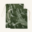 Large and small green drawstring bags with bird pattern and 'Rocky' branding on a white background