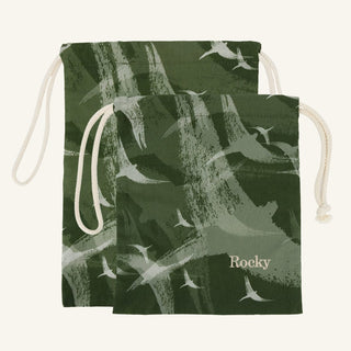 Large and small green drawstring bags with bird pattern and 'Rocky' branding on a white background