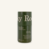 Dark green cylindrical Rocky Mountain Soap Company Scent Free Natural Deodorant container with white text.