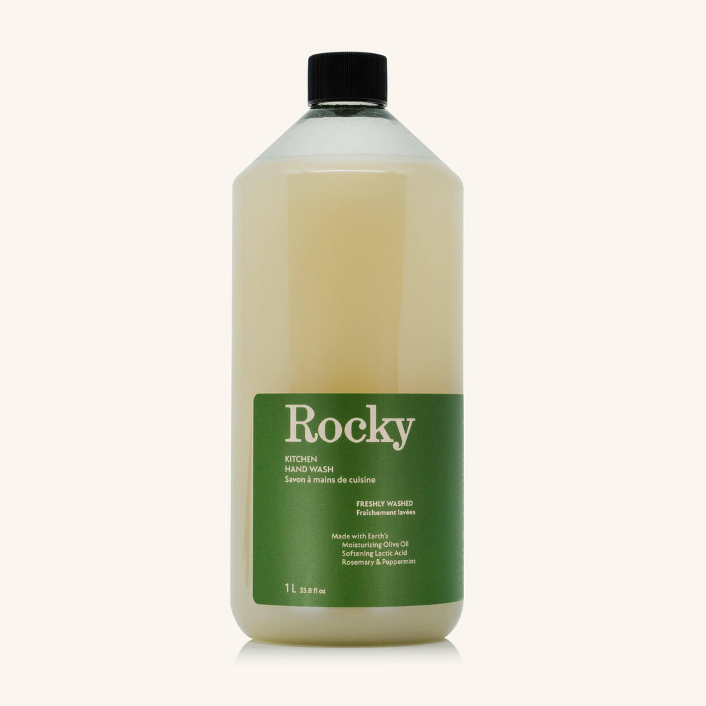 A 1L bottle of Rocky Kitchen Hand Wash  set against a solid off-white background.