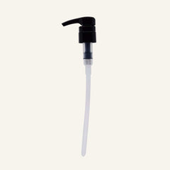 A black 1L pump dispenser with a clear plastic tube, shown against a solid off-white background.