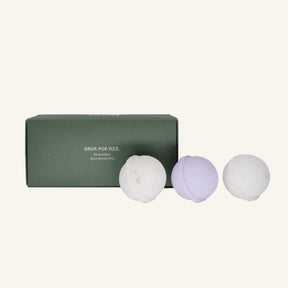 Drop pop fizz three piece bath bomb gift set with three bath  bombs displayed for scale