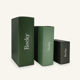 Three green boxes with 'Rocky' branding on a white background