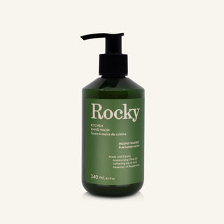 A dark green 240ml bottle of Rocky Kitchen Hand Wash with a black dispenser, set against a solid off-white background.