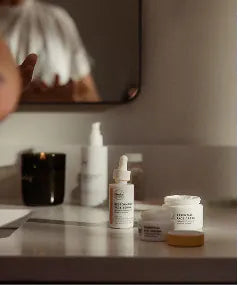 Rocky skincare on a bathroom shelf